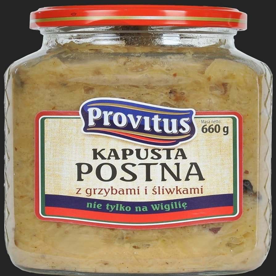 Provitus Traditional Polish Sauerkraut with Mushrooms and Plums, Kapusta Postna, 660g Glass Jar