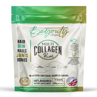 BeYouty Collagen Pure Bovine & Marine Multi Collagen, Powder, 77 Servings, Unflavoured, Type I II III X Peptides, 500g, Hydrolysed, Halal Certified, for Skin, Nails, Joints & Gut Health