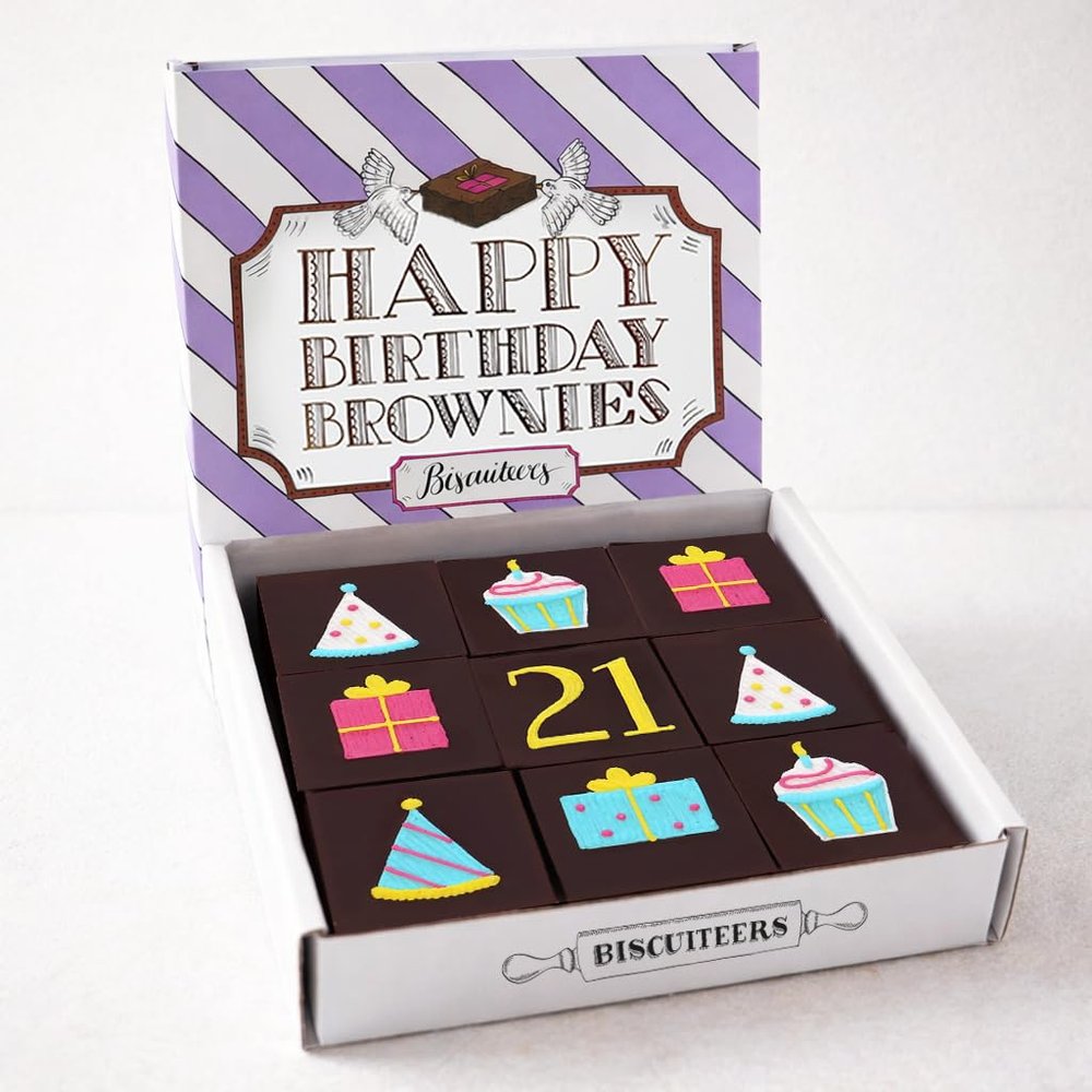 Biscuiteers 21st Birthday Milestone Brownies - 9 Rich, Fudgy Hand-Iced Pieces - 21st Birthday Gift for Girls - Delicious Dessert by Post - Beautifully Packaged - Handcrafted in London Bakery