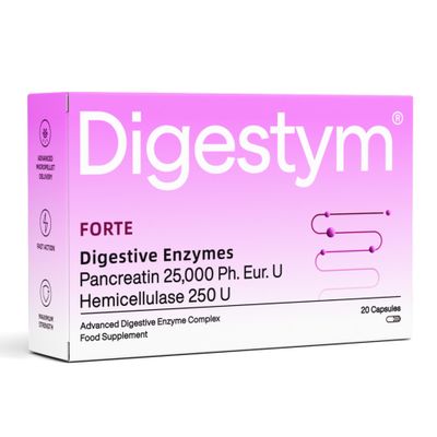 Digestym Forte High-Strength Digestive Enzyme Complex with Pancreatin, Hemicellulase, 20 Capsules Food Supplement