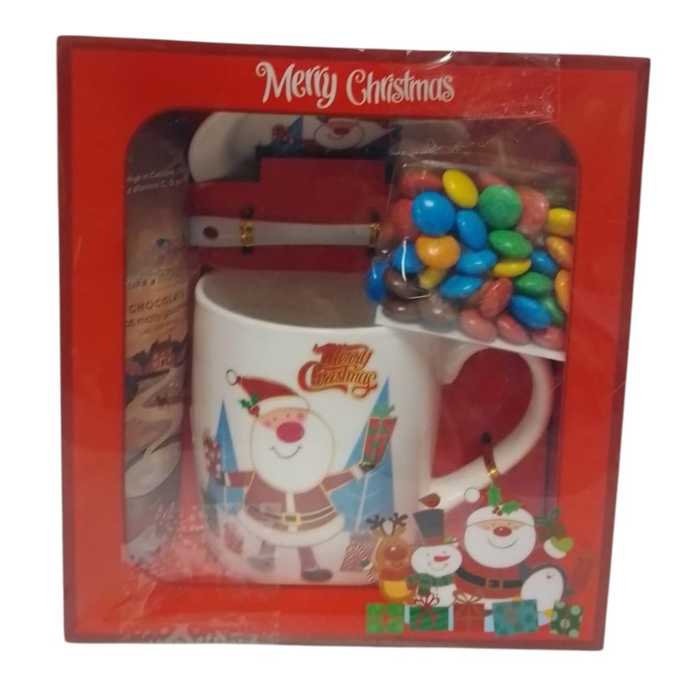 Festive Mug Set with Hot Drink Sachet and Coated Chocolates Assorted Design Ceramic Mug in Decorative Box Ideal for Warm Drinks Snacking and Seasonal Indoor Enjoyment