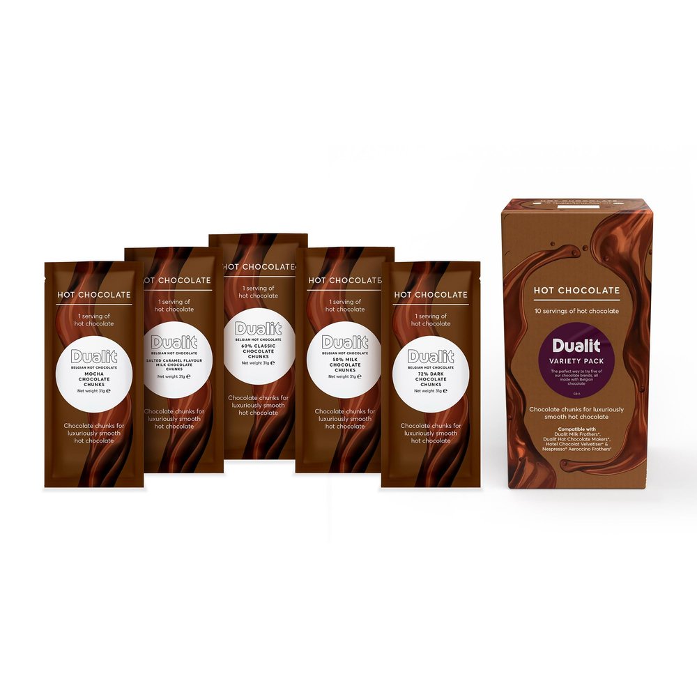 Dualit Chocolate Chunk Sachet Variety Pack - 10 Pack - 31g portions of pure chocolate chunks - Premium Belgian chocolate - Chocolate flakes for Hot Chocolate Makers & Milk Frothers