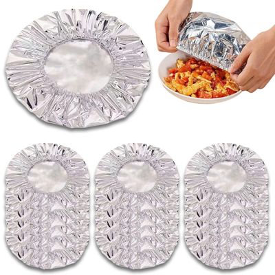 Pop-Up Tin Foil Food Insulation Cover, Reusable Aluminum Foil Food Covers with Elastic Edges for Kitchen Bowls, Oil-Resistant Easy to Clean (50PCS)