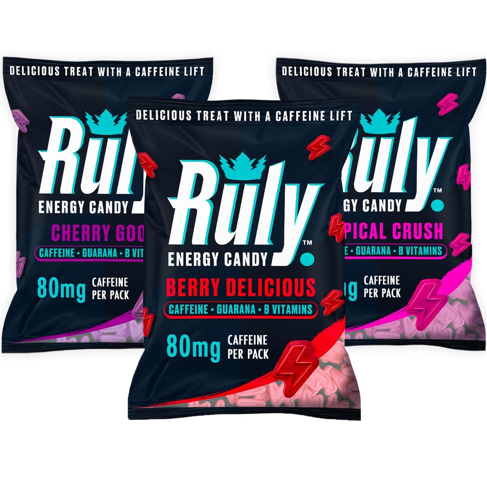 Ruly Energy Gummies (3 Pack) Caffeinated Energy Chews - 80mg Caffeine Per Pack, Microboost Flexible Dosing - Pre Workout Gummies, Running Sweets - Coffee Alternative with Guarana, Vitamin B12 & B6