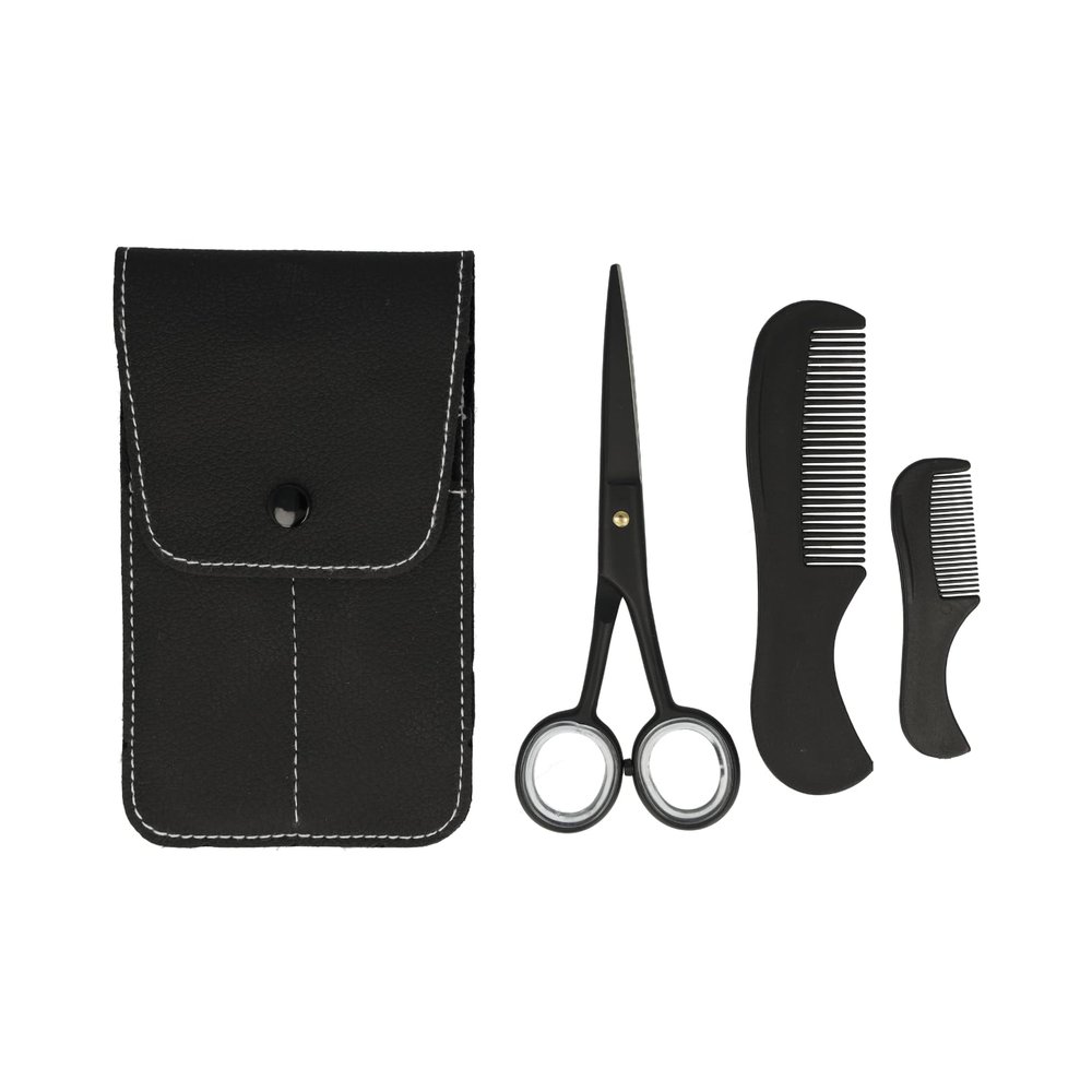 Clauss Beard Set with Scissors and 2 Combs | Premium 13 cm Supercut Scissors in Matte Black & Two Combs | Beard Care Set for Men in Practical Case | BC-S10041
