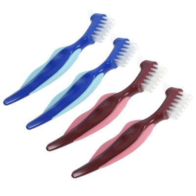 GLEAVI 4pcs Denture Cleaning Brushes Double-Sided Small Toothbrushes for Seniors, Portable Denture Care Brushes Travel Size with Red and Blue Handles