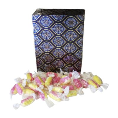 350g Rectangular Box Royal Blue & Gold Pattern of Rhubarb & Custard Twists