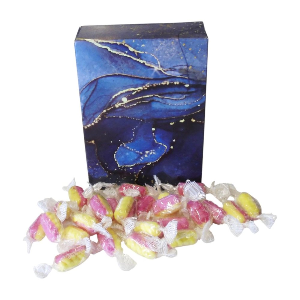 350g Rectangular Box Starlight Blue Pattern of Rhubarb & Custard Twists