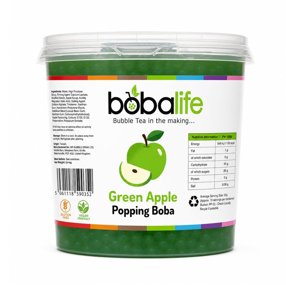 Bobalife Green Apple Popping Boba Pearls 3.4kg Fruit Juice Filled Bubble Tea Pearls, Boba Topping for Drinks, Desserts, Cocktails & Slush Vegan & Gluten Free