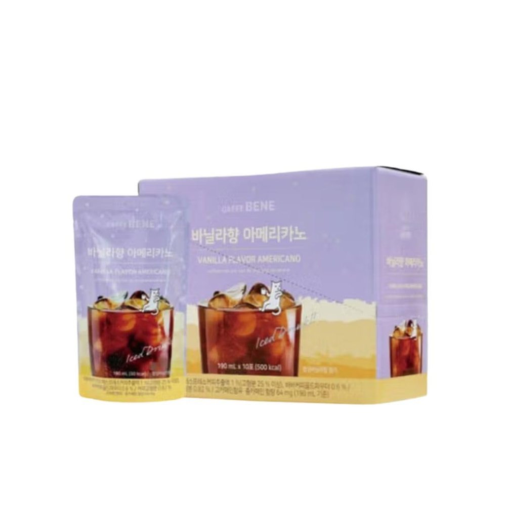 Caffe Bene Vanilla Flavor Americano 190ml x 10 Pouches Ready to Vanilla flavored Iced Coffee, Korean Style Iced Coffee Beverage Multipack