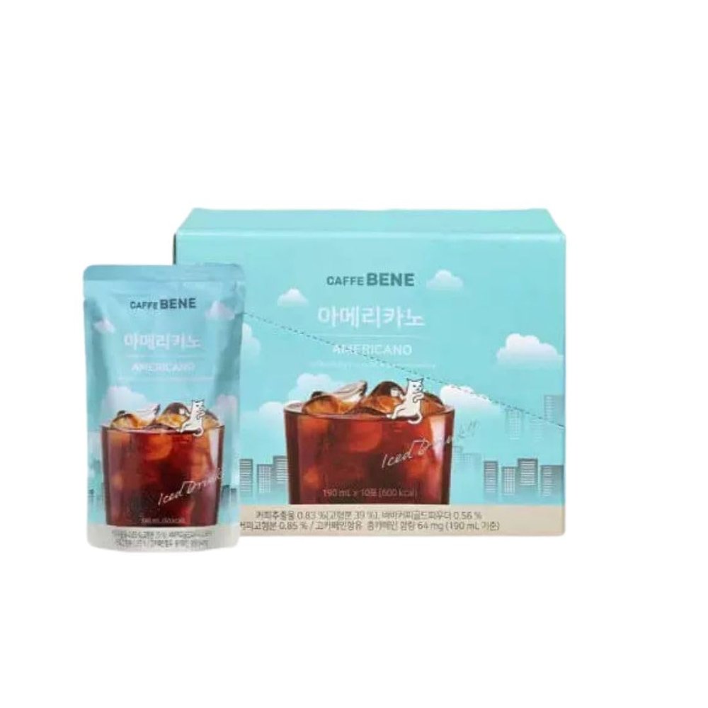 Caffe Bene Americano 190ml x 10 Pouches Ready to Drink Iced Coffee, Korean Style Sweetened Iced Coffee Beverage Multipack