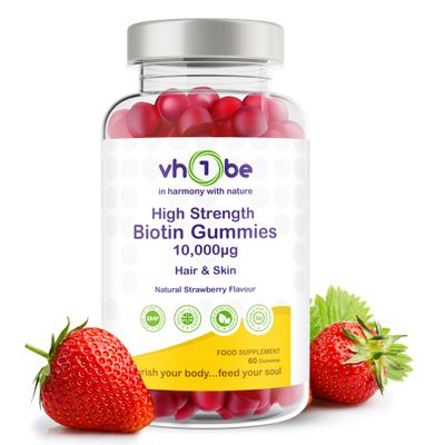 Biotin Gummies 10000mcg Per Serving 60 High Strength Vitamin B7 for Hair Growth, Skin & Energy Support | Natural Strawberry Flavour Biotin Supplement | Vegan Hair Gummies by vh1be