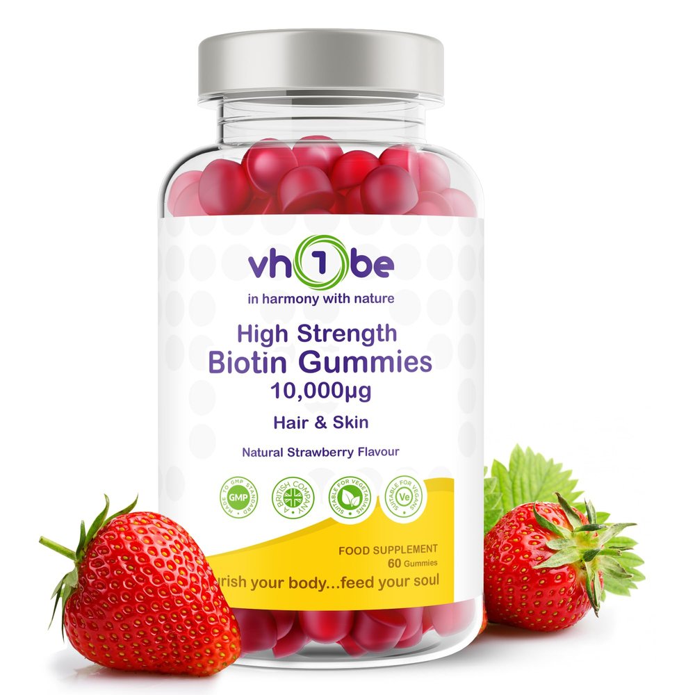 Biotin Gummies 10000mcg Per Serving 60 High Strength Vitamin B7 for Hair Growth, Skin & Energy Support | Natural Strawberry Flavour Biotin Supplement | Vegan Hair Gummies by vh1be