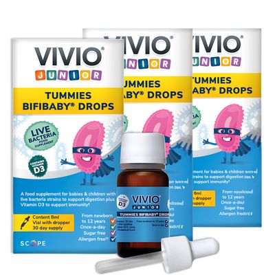 Vivio Junior Tummies Bifibaby Drops - A Probiotic & Vitamin D3 Supplement for Babies & Children with Live Bacteria Strains to Support Gut Health and Immunity - 8mL (Pack of 3)