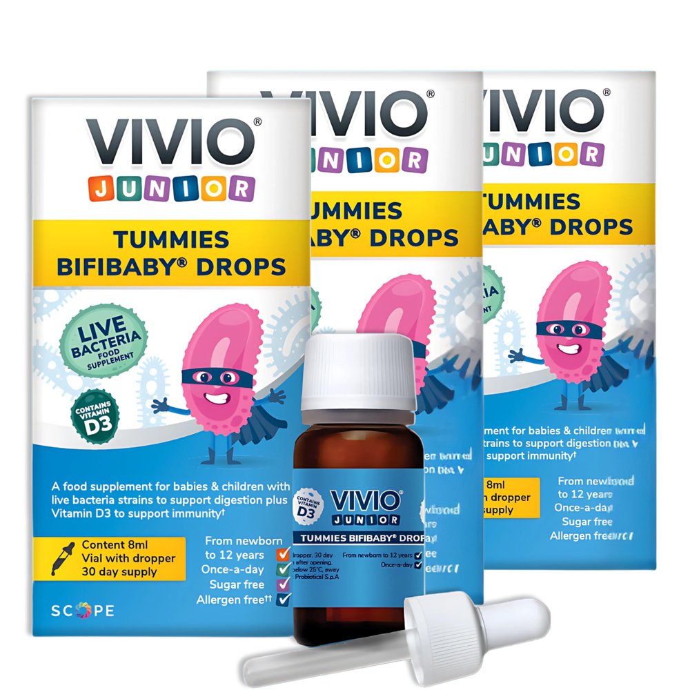 Vivio Junior Tummies Bifibaby Drops - A Probiotic & Vitamin D3 Supplement for Babies & Children with Live Bacteria Strains to Support Gut Health and Immunity - 8mL (Pack of 3)