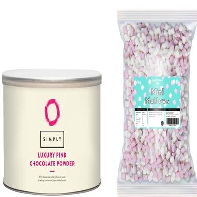 Simply Luxury Pink Hot Chocolate Powder, Hot Chocolate Powder for Smooth & Creamy Beverage, Suitable for Vegetarians, Halal & Nut-Free, 1kg With 1kg Mini Mallows in Genuine Old Scool Sweet Box