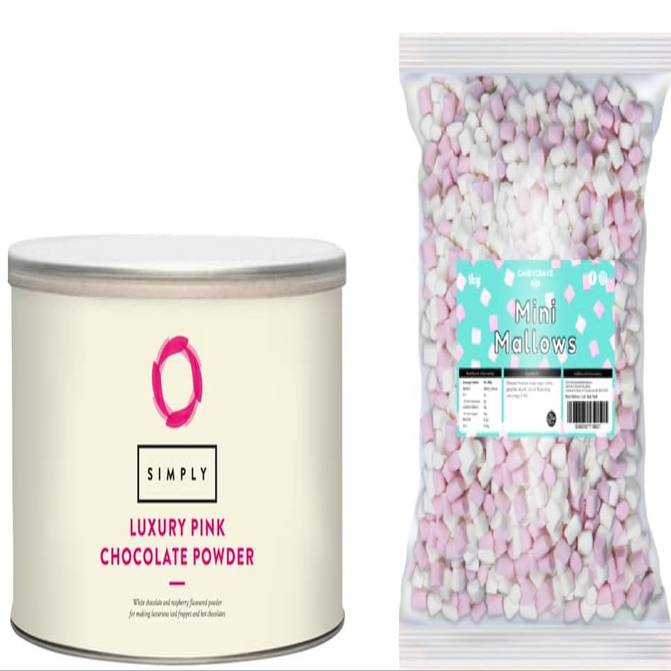 Simply Luxury Pink Hot Chocolate Powder, Hot Chocolate Powder for Smooth & Creamy Beverage, Suitable for Vegetarians, Halal & Nut-Free, 1kg With 1kg Mini Mallows in Genuine Old Scool Sweet Box