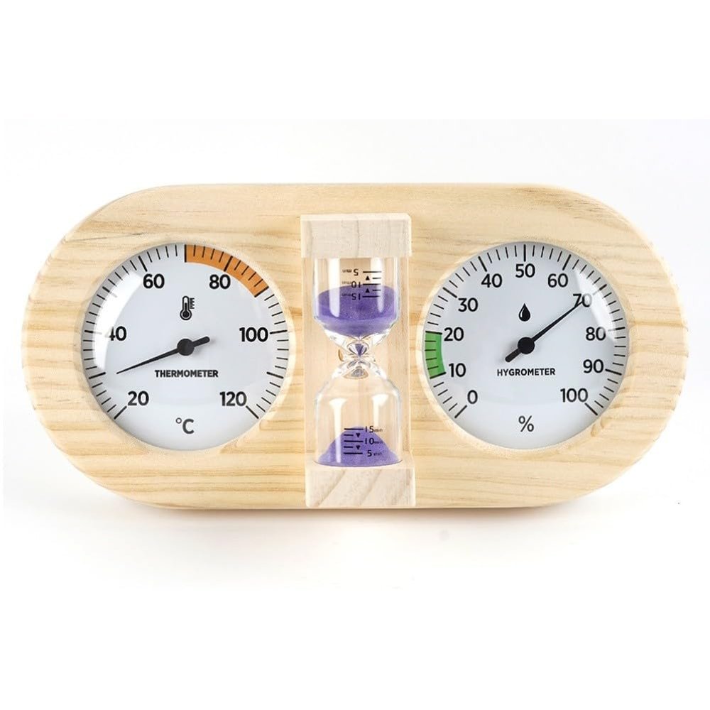 FACAIIO Pine Wood Sauna Thermohygrometer with Hourglass Timer, Temperature & Humidity Monitor 20-120C 0-100% RH, Wall-Mounted