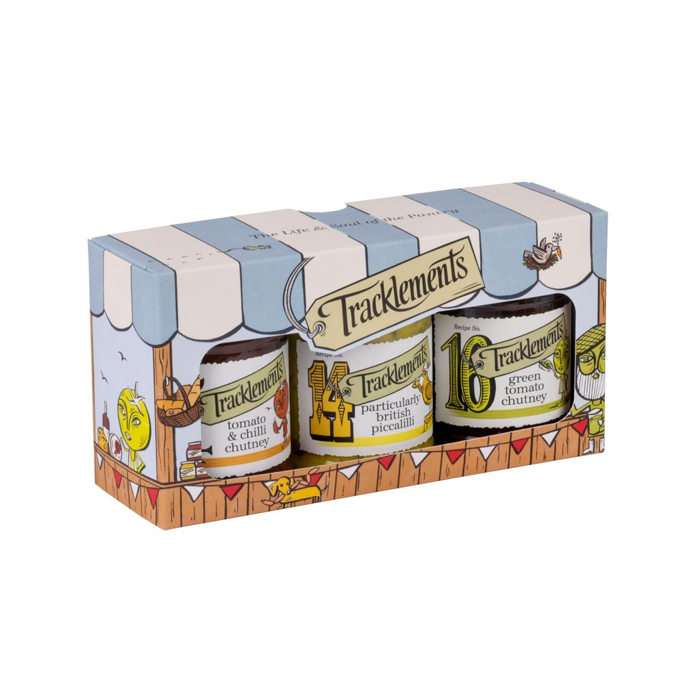 Tracklements - Farmers Market Pack - 170g Particularly British Piccalilli, 190g Tomato & Chilli Chutney and 200g Green Tomato Chutney
