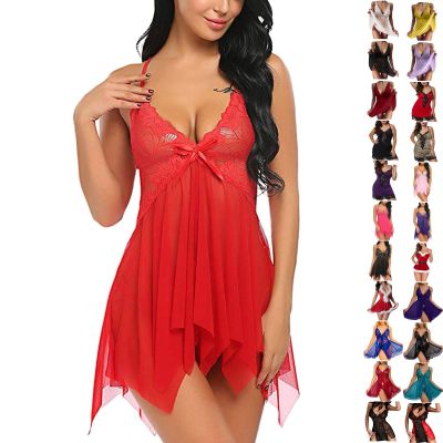 DFSDJEUW women lingeries Sexy Lingerie for Women Sets Naughty Lace Sleepwear Nightwear Set Naughty One Piece Slit Babydoll V Neck Mesh Chemise Sleepwear Dress Nightdress red sexy lingerie for sets