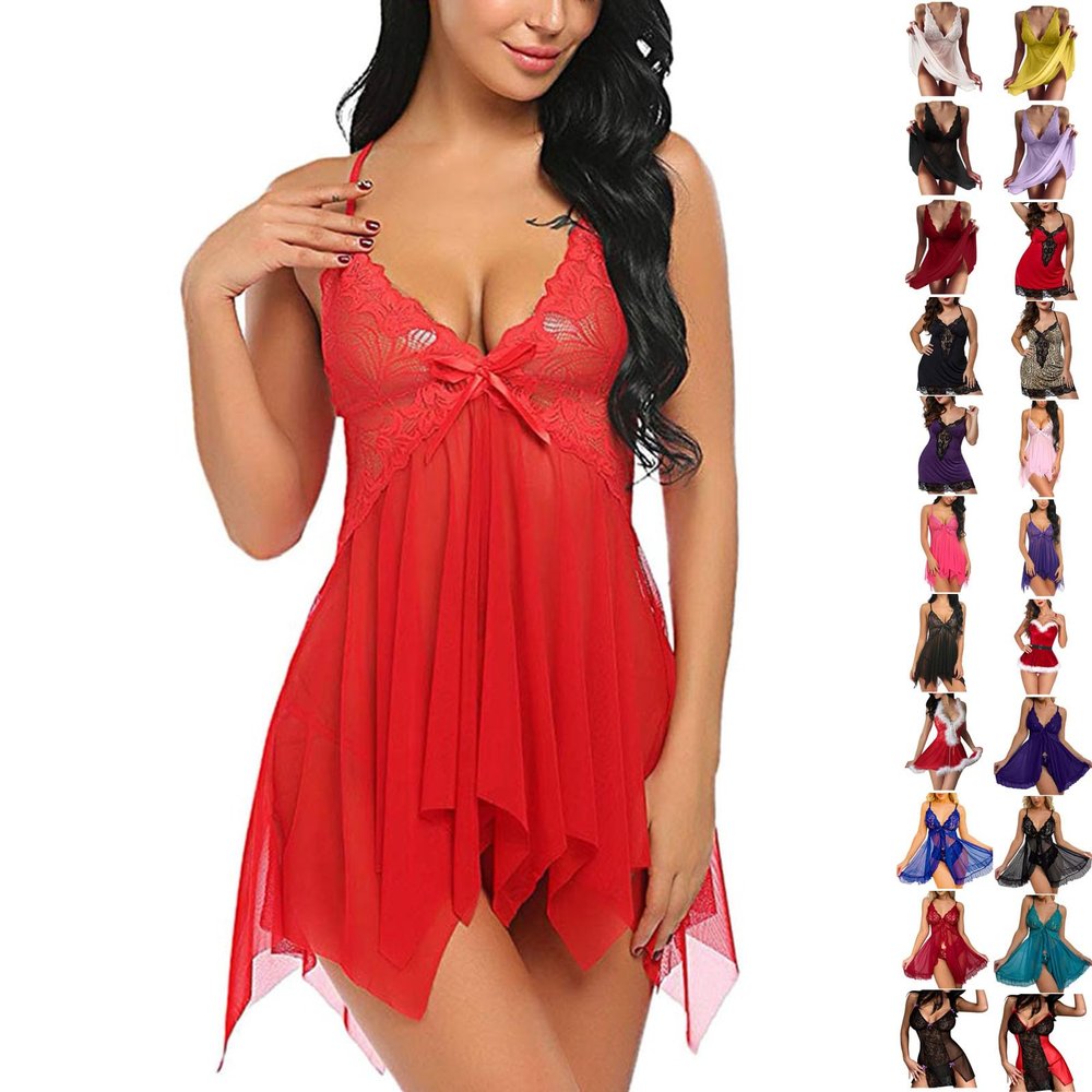 DFSDJEUW women lingeries Sexy Lingerie for Women Sets Naughty Lace Sleepwear Nightwear Set Naughty One Piece Slit Babydoll V Neck Mesh Chemise Sleepwear Dress Nightdress red sexy lingerie for sets