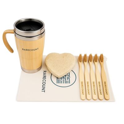 RARECOUNT Bamboo Coffee Tumbler Gift Set Eco-Friendly Reusable Tumbler + Natural Loofah + Bamboo Toothbrush | Sustainable Lifestyle & Wellness Gift