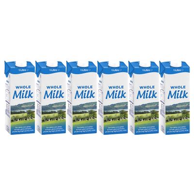 Lakkeland UHT Whole Milk 1 Litre Pack of 6 | Long-Life Ambient Milk | High Protein, Creamy Flavour | Perfect for Home, Office, Cafs & Travel