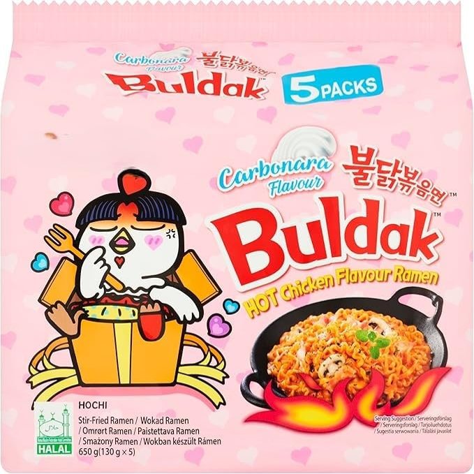 Carbonara Flavour Buldakk Halal Ramen Korean Spicy Instant Noodles Multipack, Hot Chicken Carbonara Flavour 5 x 140g Packs