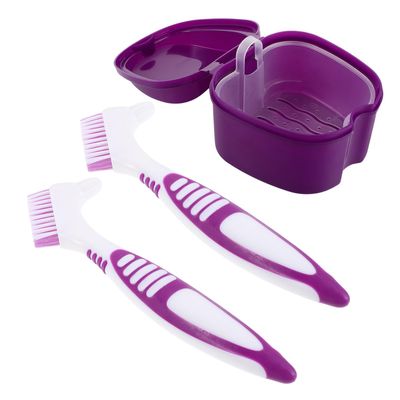 HEMOTON Denture Brush and Braces Holder Box Set with Double-Sided Cleaning Brush and Portable Storage Case for Travel Camping Oral Care Deep Purple