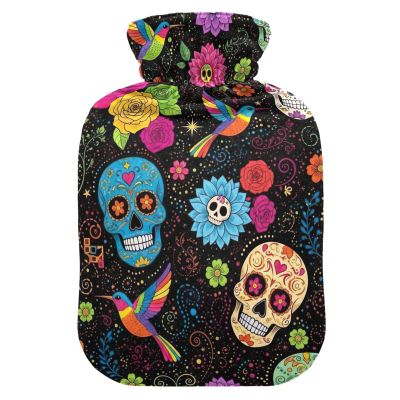 Skulls Flowers Black Hot Water Bottle with Velvet Cover Hot Water Bag for Foot Bed Warmer Pain Relief Medium