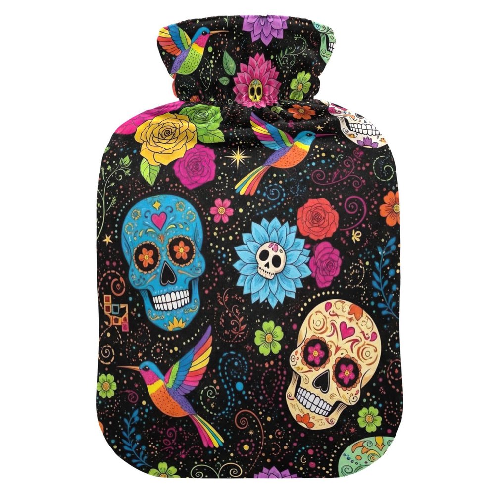 Skulls Flowers Black Hot Water Bottle with Velvet Cover Hot Water Bag for Foot Bed Warmer Pain Relief Medium