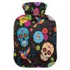 Skulls Flowers Black Hot Water Bottle with Velvet Cover Hot Water Bag for Foot Bed Warmer Pain Relief Medium view 1