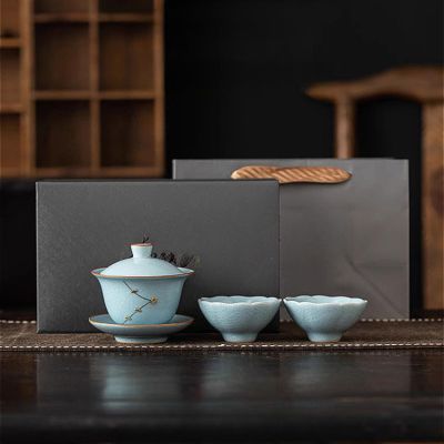 LEEDJUINE Vintage Cracked Glaze Ruyao Ceramics Gaiwan 3pc Set with Gift Box, 150ml 5.1oz, Chinese Handmade Kungfu Tea Set