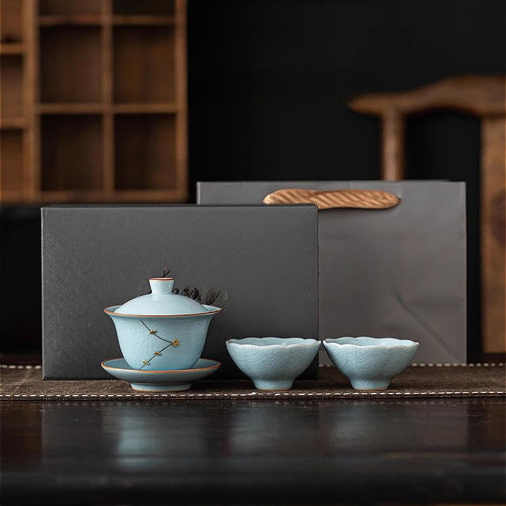 LEEDJUINE Vintage Cracked Glaze Ruyao Ceramics Gaiwan 3pc Set with Gift Box, 150ml 5.1oz, Chinese Handmade Kungfu Tea Set