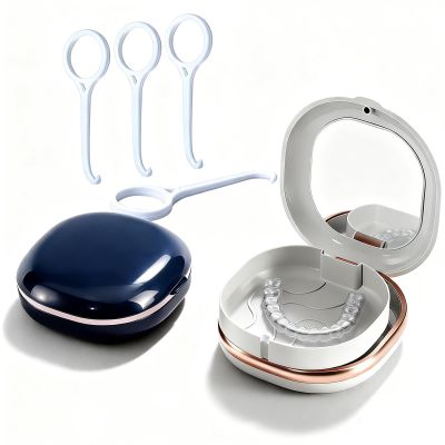 2 Pack Retainer Case with Mirror & 4 Aligner Removal Tools, Portable Denture Box Container for Invisalign Aligners, Essential Dental Care Kit for Night Guards, Invisalign, Braces (Blue+White)