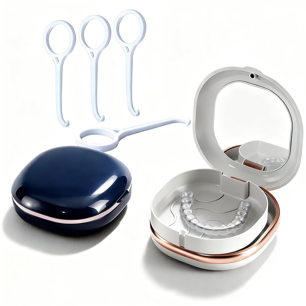 2 Pack Retainer Case with Mirror & 4 Aligner Removal Tools, Portable Denture Box Container for Invisalign Aligners, Essential Dental Care Kit for Night Guards, Invisalign, Braces (Blue+White)