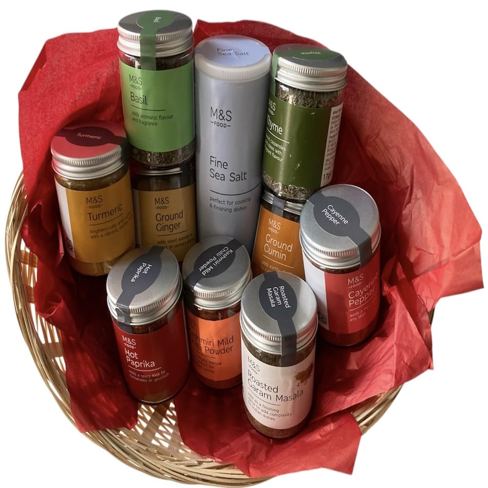 M&S Premium Spice Gift Hamper Set, 10 Glass Jars with Fine Sea Salt, Basil, Thyme, Turmeric, Ground Ginger, Ground Cumin, Cayenne Pepper, Hot Paprika, Mild Chili, Garam Masala