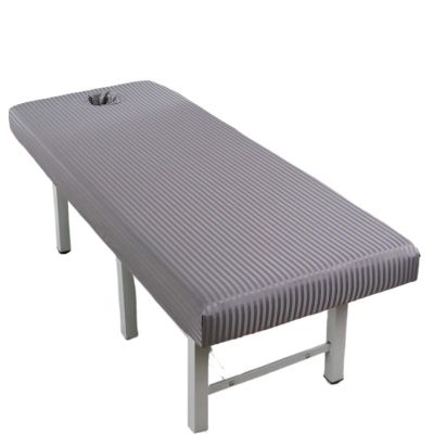 10pcs Elastic Satin Stripe Massage Table Fitted Bed Sheet Full Cover Rubber Band SPA with Hole(Light Grey,185x70)