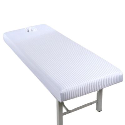10pcs Elastic Satin Stripe Massage Table Fitted Bed Sheet Full Cover Rubber Band SPA with Hole(White,180x60)