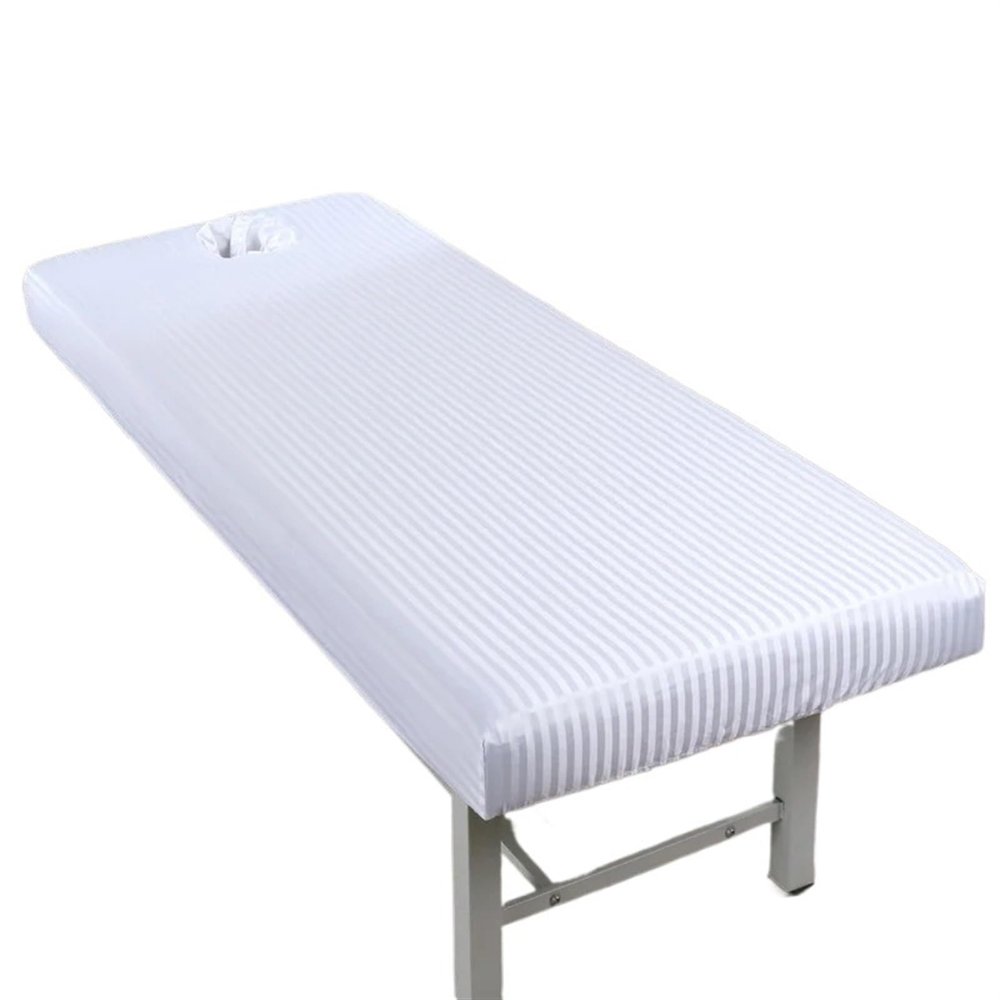 10pcs Elastic Satin Stripe Massage Table Fitted Bed Sheet Full Cover Rubber Band SPA with Hole(White,180x60)