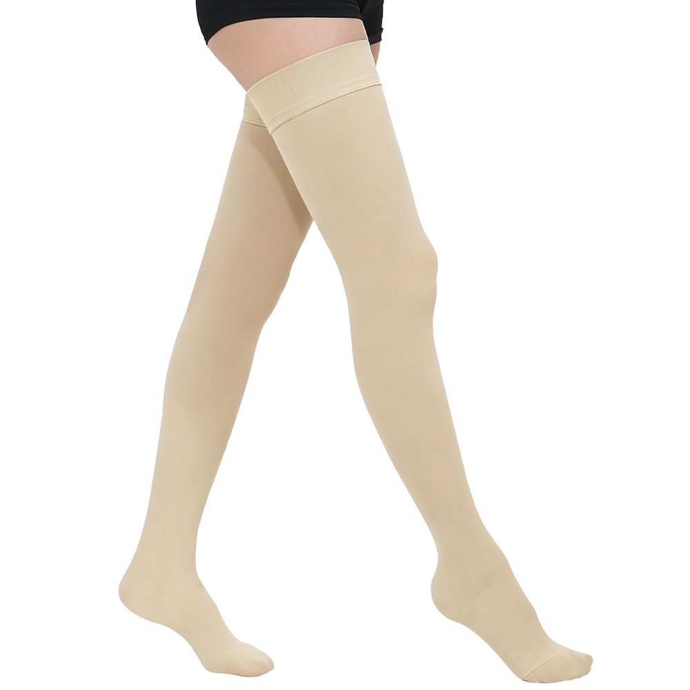 AOGOE Thigh High Compression Stockings for Women & Men, 23-32 mmHg Closed Toe Support Stockings with Anti-Slip Silicone Band, Graduated Compression Socks for Varicose Veins, Edema, Flight, Nursing