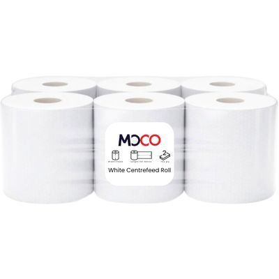 Moco White Centrefeed Rolls 6 Pack 2-Ply Recycled White 170 Sheets per Roll, 16.622cm Sheets, 37.4m Roll Industrial Cleaning Tissue for Kitchen, Catering & Commercial Use (6 Rolls)