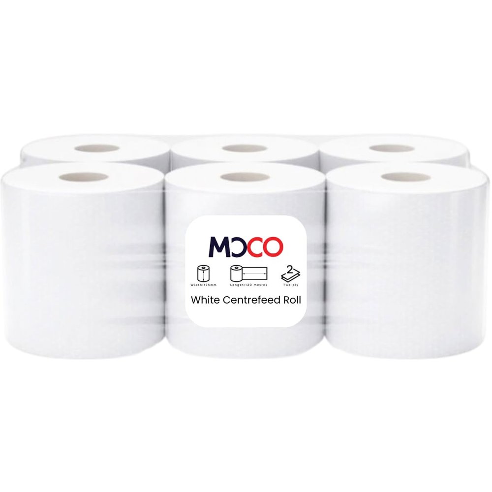 Moco White Centrefeed Rolls 6 Pack 2-Ply Recycled White 170 Sheets per Roll, 16.622cm Sheets, 37.4m Roll Industrial Cleaning Tissue for Kitchen, Catering & Commercial Use (6 Rolls)