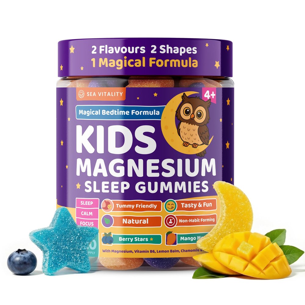 Kids Magnesium Glycinate Sleep Gummies Calm Focus & Relaxation Support with Magnesium, B6, L-Theanine & Chamomile Berry Stars & Mango Moons 120 Vegan Gummies Star & Moon Shape Age 4+