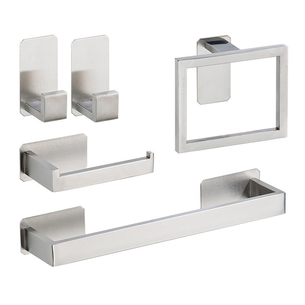 SWVYDC Bathroom Handles Self-adhesive Silver Bathroom Hardware Accessories Set Toilet Paper Holder Towel Bar Hook Bathroom Accessories Bath Grab Bar(Silver 5pcs Set A)