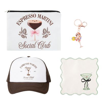 Wasise Espresso Martini Gift Set - 4 Pcs Thank You Gifts, Espresso Martini Gifts, with Bag Hat Keychain Placemat for Friends Mum Sister Besties Co-Woker Grandmother Christmas Birthday Gifts