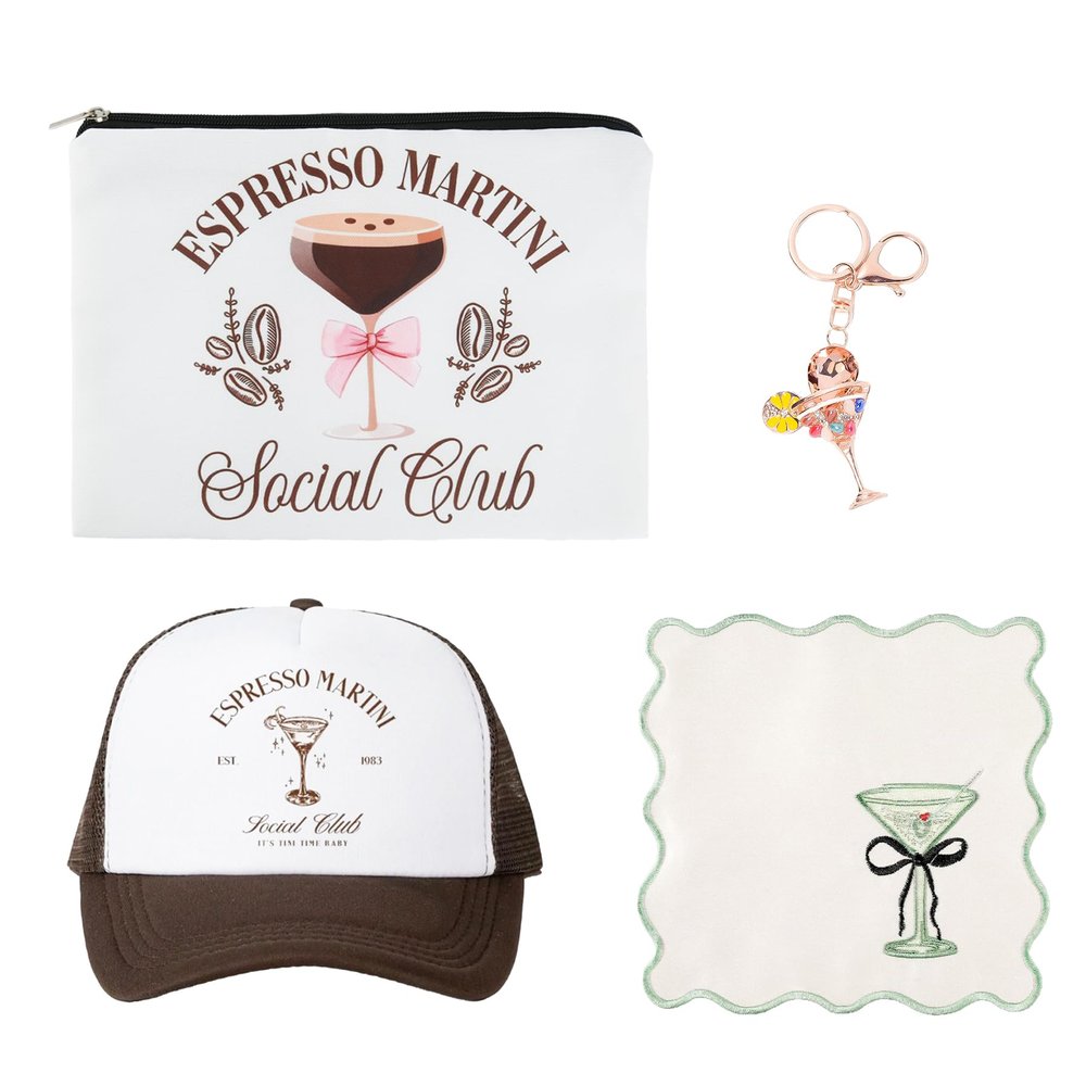 Wasise Espresso Martini Gift Set - 4 Pcs Thank You Gifts, Espresso Martini Gifts, with Bag Hat Keychain Placemat for Friends Mum Sister Besties Co-Woker Grandmother Christmas Birthday Gifts