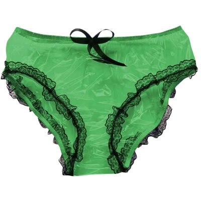 XUOUP Sexy Transparent Underwear, Adult Incontinence Plastic Pants with Lace Trim And Bow, Waterproof And Reusable for Diapers And Underwear for Themed ActivitiesGreen,M