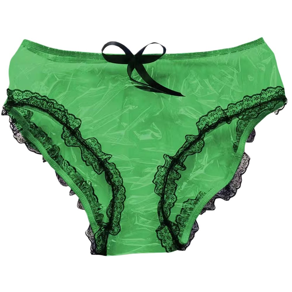 XUOUP Sexy Transparent Underwear, Adult Incontinence Plastic Pants with Lace Trim And Bow, Waterproof And Reusable for Diapers And Underwear for Themed ActivitiesGreen,M