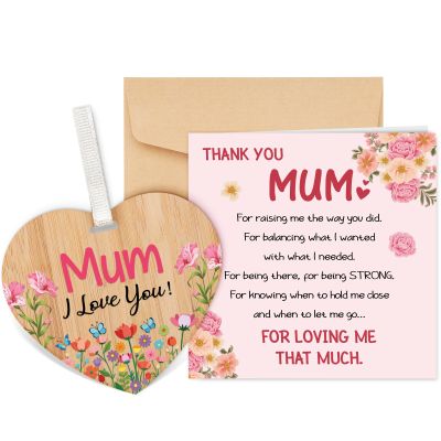 Welsky Mothers Day Card, Mum Birthday Card Greeting Cards with Wooden Plaque, Mothers Day Christmas Birthday Cards for Mother Mummy Grandma Granny Wife from Son Daughter, Floral Design